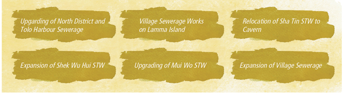 Upgarding of North District and Tolo Harbour Sewerage, Village Sewerage Works on Lamma Island, Relocation of Sha Tin STW to Cavern, Expansion of Shek Wu Hui STW, Upgrading of Mui Wo STW, Expansion of Village Sewerage