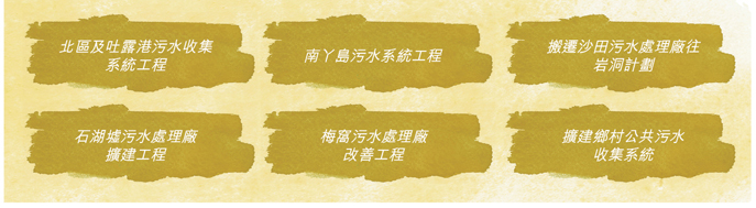 北區及吐露港污水收集系統工程, 南丫島污水系統工程, 搬遷沙田污水處理廠往岩洞計劃, 石湖墟污水處理廠擴建工程, 梅窩污水處理廠改善工程, 擴建鄉村公共污水收集系統