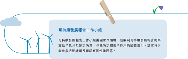 可持續發展報告工作小組由副署長領導，就編制可持續發展報告的事宜給予意見及制定決策，包括決定報告所採用的國際指引、訂定持份者參與活動計劃及確認實質性議題等。