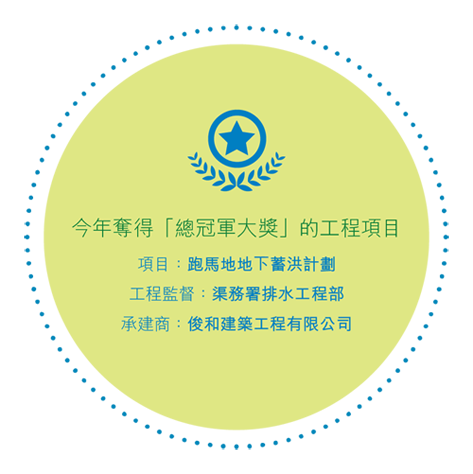 今年奪得「總冠軍大獎」的工程項目 跑馬地地下蓄洪計劃 工程監督：渠務署排水工程部 承建商：俊和建築工程有限公司