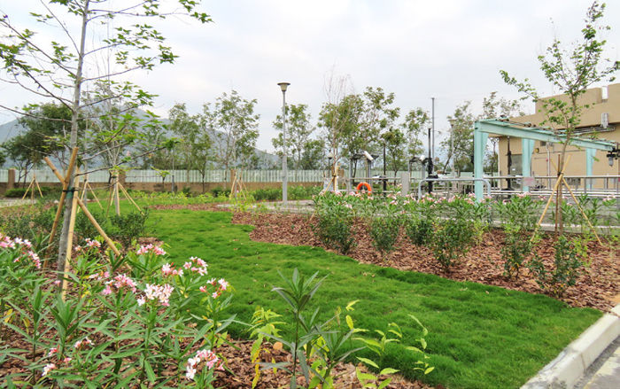 渠务署设施的生态园境设计：
牛潭尾水道泵房的实地试验场
