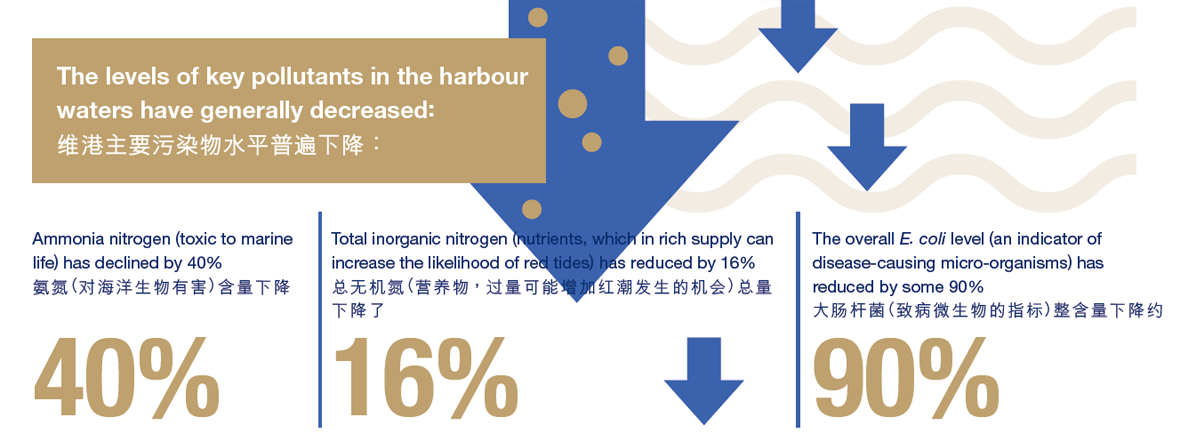 维港主要污染物水平普遍下降：氨氮（对海洋生物有害）含量下降40%;总无机氮（营养物，过量可能增加红潮发生的机会）总量下降了16%;大肠杆菌（致病微生物的指标）整含量下降约90%