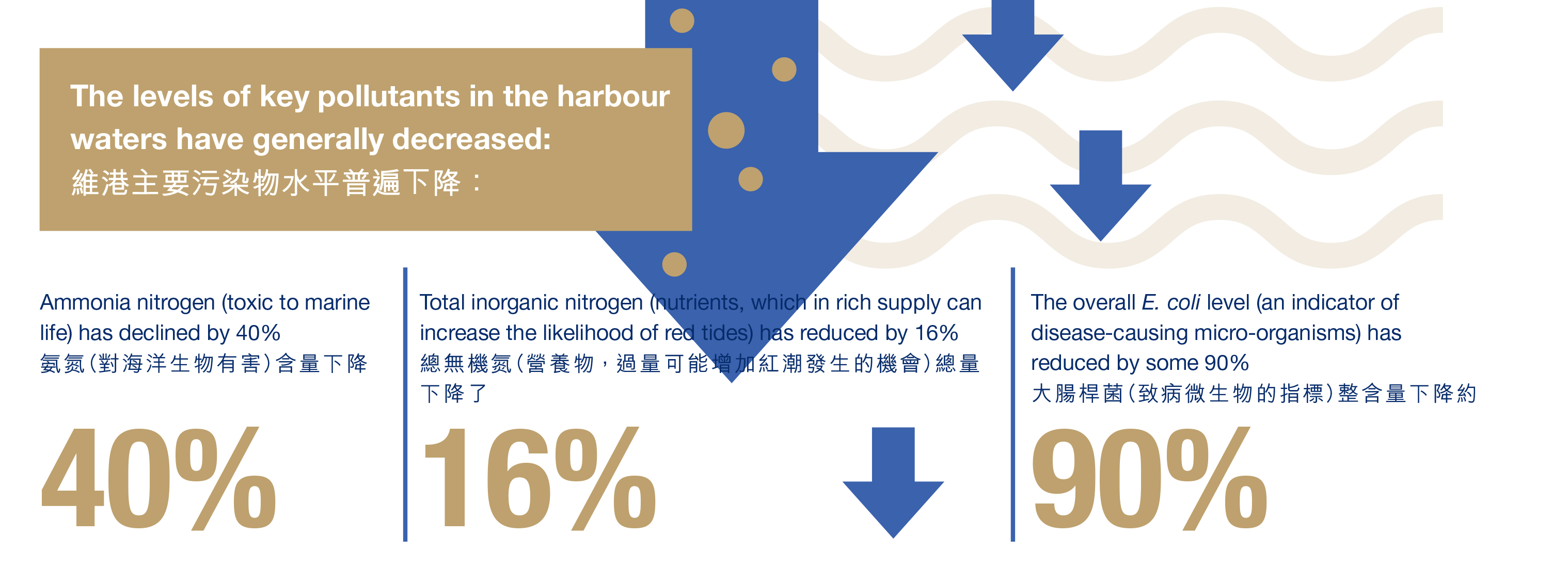 維港主要污染物水平普遍下降：氨氮（對海洋生物有害）含量下降40%;總無機氮（營養物，過量可能增加紅潮發生的機會）總量下降了16%;大腸桿菌（致病微生物的指標）整含量下降約90%