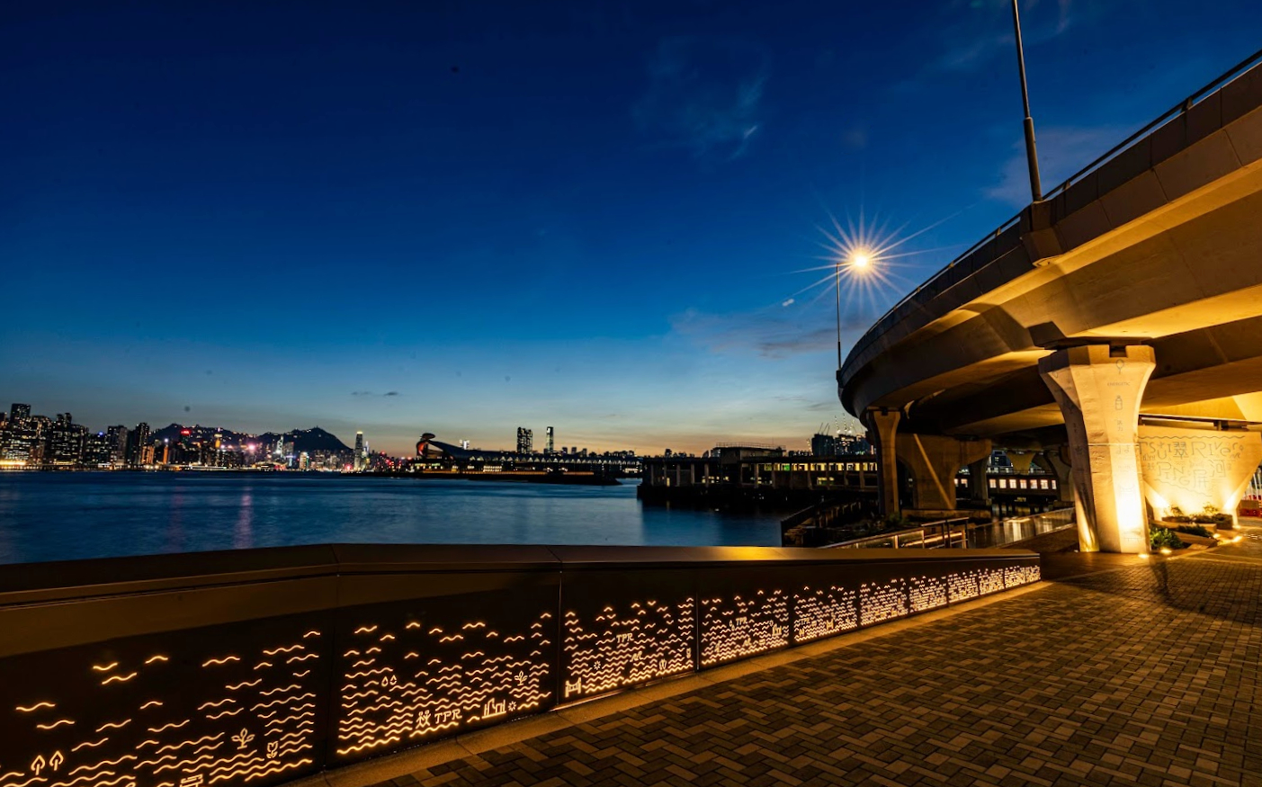 The Cha Kwo Ling Promenade and Tsui Ping Seaside officially opened today (August 24). Photo shows the night view of Victoria Harbour from the cross-river footbridge of the Tsui Ping Seaside.