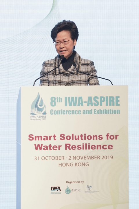 The Chief Executive, Mrs Carrie Lam, delivers a welcome address at the 8th International Water Association Conference and Exhibition Opening Ceremony today (October 31)