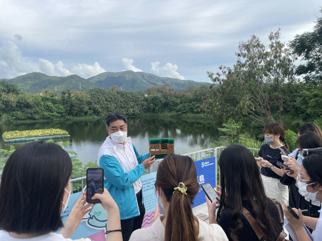 渠务署高级工程师庾志强向记者讲解生态浮岛的结构