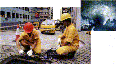 Inspection of stormwater drain by closed-circuit television. (inner) A view inside a drainpipe